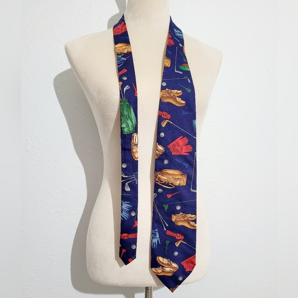 Eagle Men's Wear Brand Neck Tie Golf Theme Bag Balls Gloves Dark Blue Background